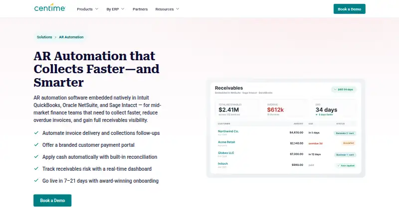 The Centime Accounts Receivable homepage