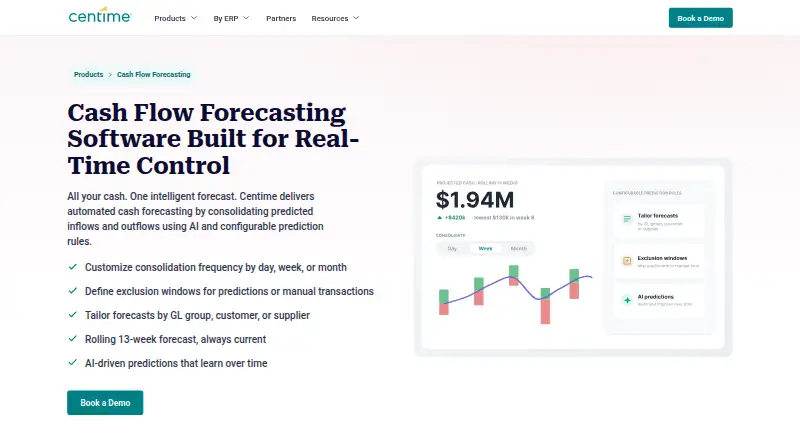 Centime Cash Forecasting's website