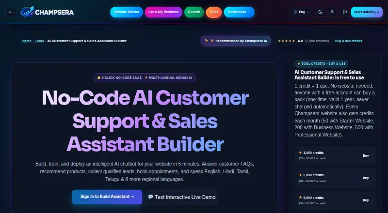 The Champsera AI Assistant Builder homepage