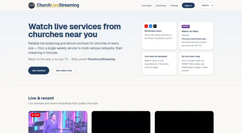 ChurchLiveStreaming.com's website