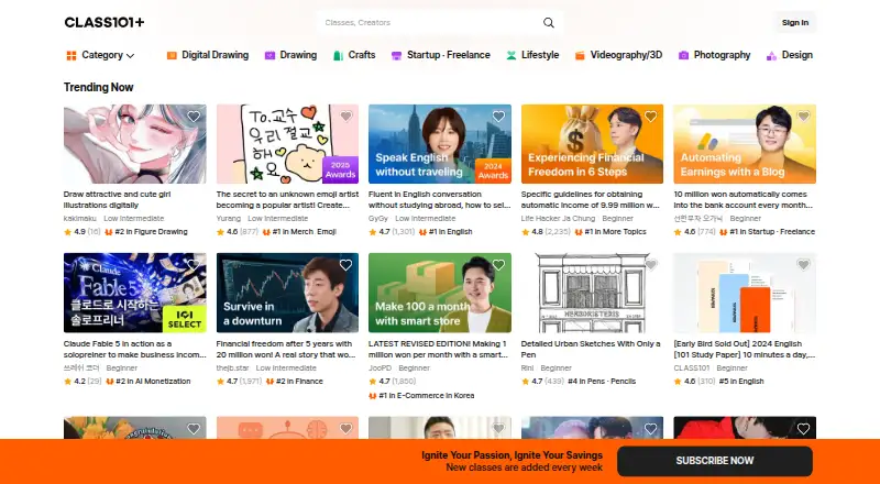 The CLASS101 homepage