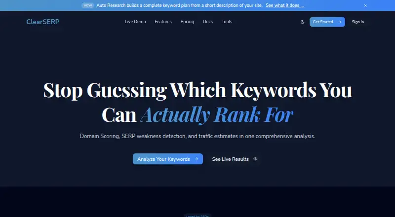 The ClearSERP homepage