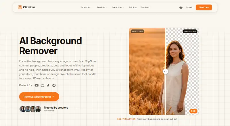 The ClipNova Background Remover homepage