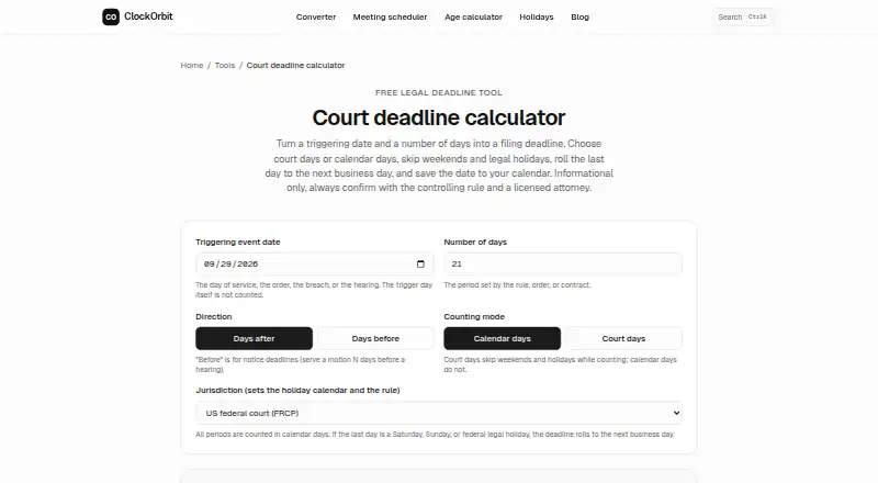 ClockOrbit Court Deadline Calculator's website