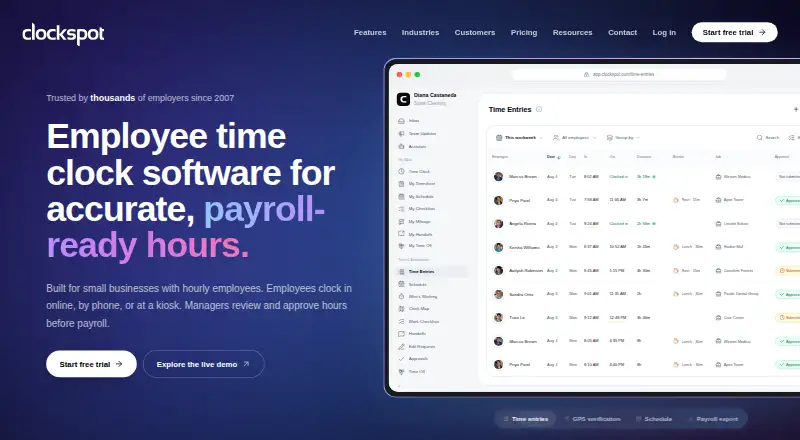 The Clockspot homepage