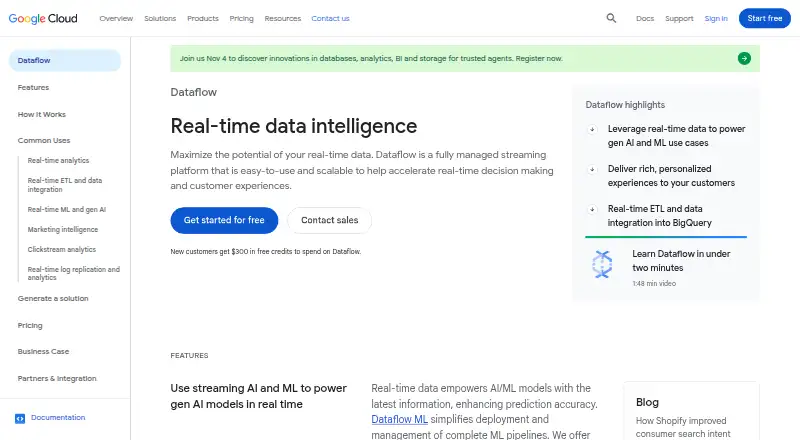 The Google Cloud Dataflow homepage