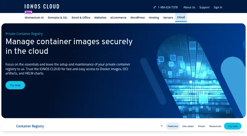 The IONOS Cloud Private Container Registry homepage