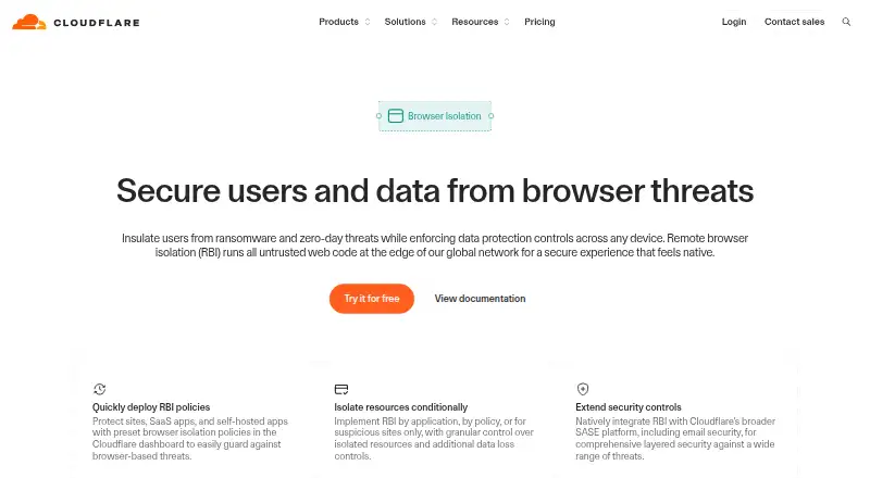 The Cloudflare Browser Isolation homepage