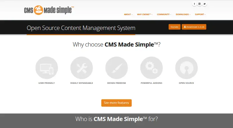 The CMS Made Simple homepage