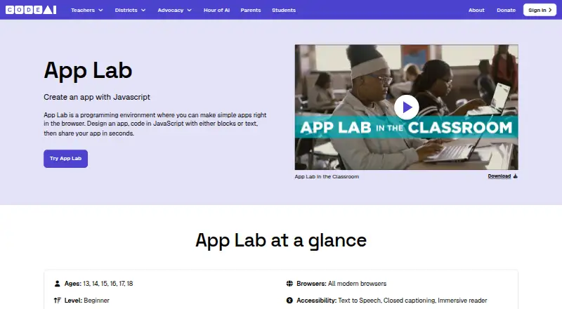 The Code.org App Lab homepage