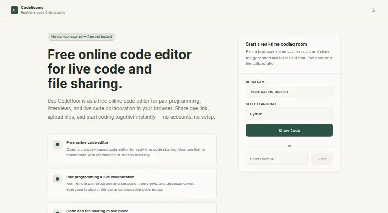 The CodeRooms homepage
