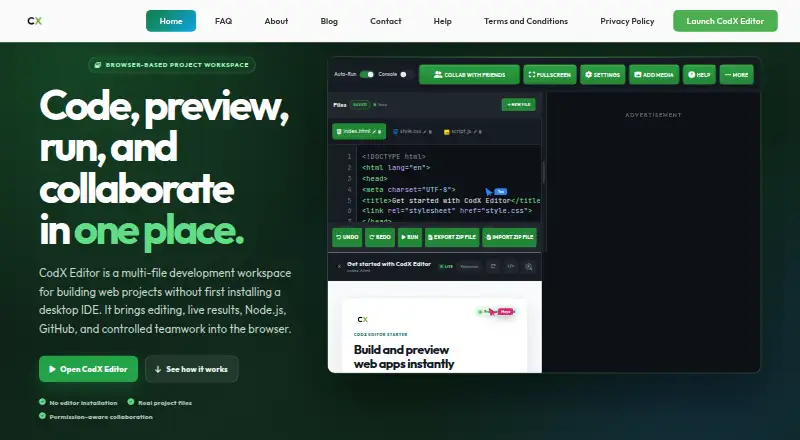 The CodX Editor homepage