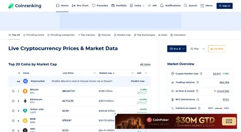 Coinranking's website