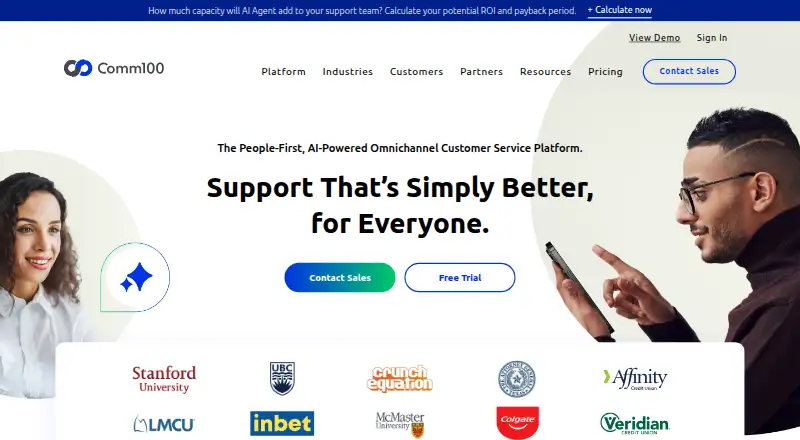 The Comm100 Chatbot homepage
