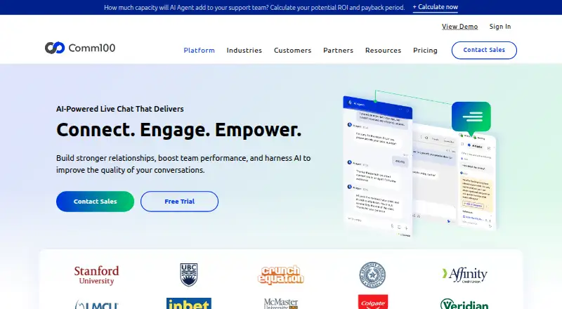 The Comm100 Live Chat homepage