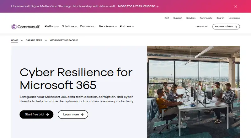 Commvault Cloud for Microsoft 365's website
