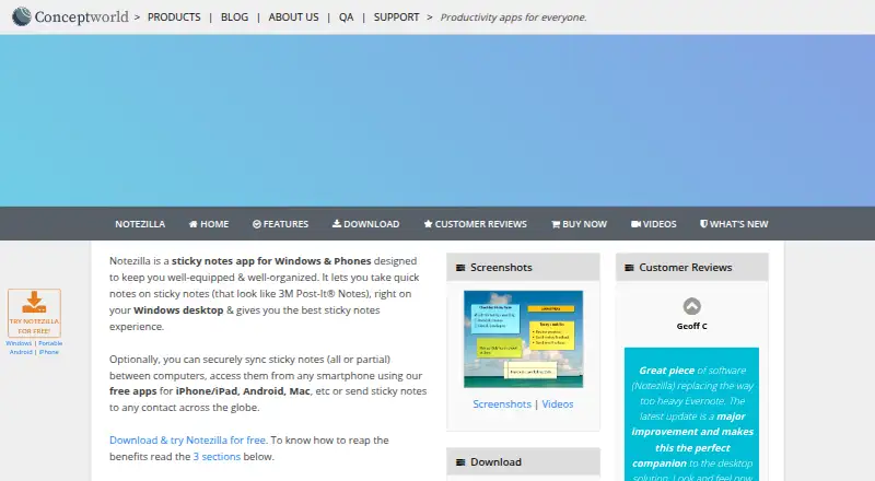 The Notezilla homepage