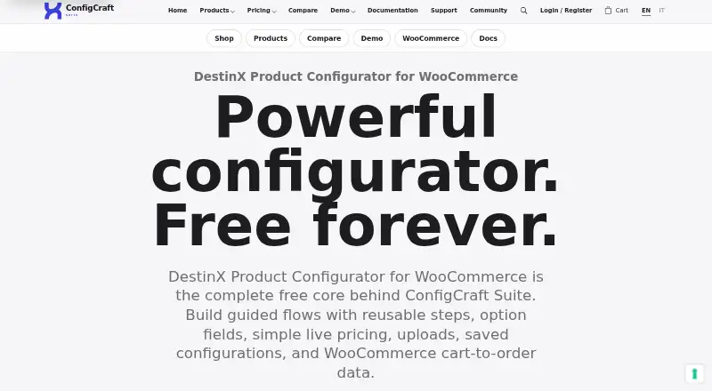 The DestinX Product Configurator for WooCommerce homepage