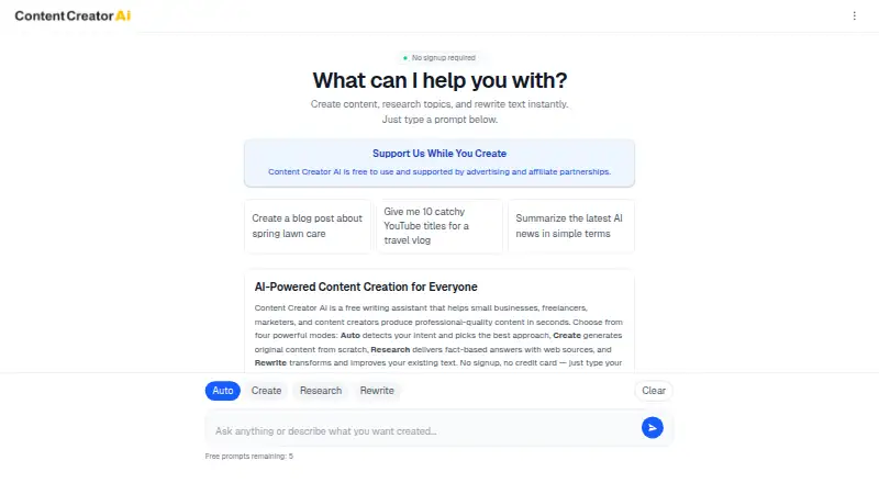 The Content Creator AI homepage