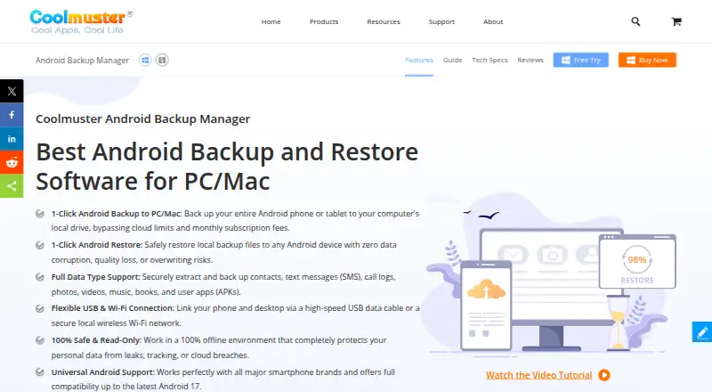 The Coolmuster Android Backup Manager homepage