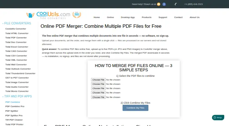 CoolUtils Online PDF Merger's website
