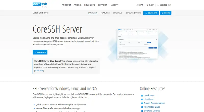 CoreSSH Server's website