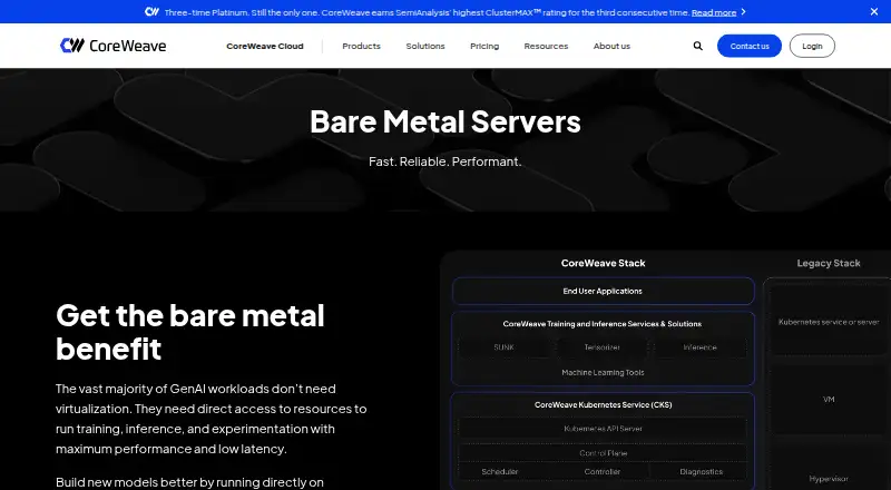 CoreWeave Bare Metal Servers's website