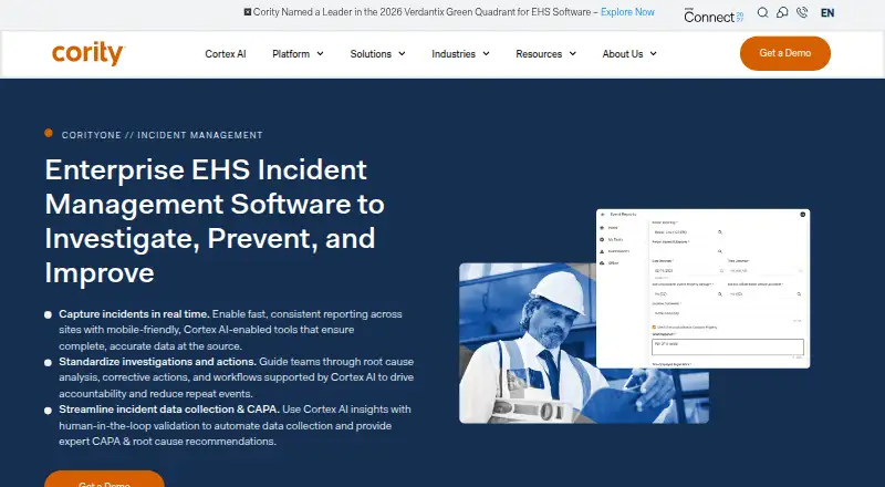 Cority Incident Management's website