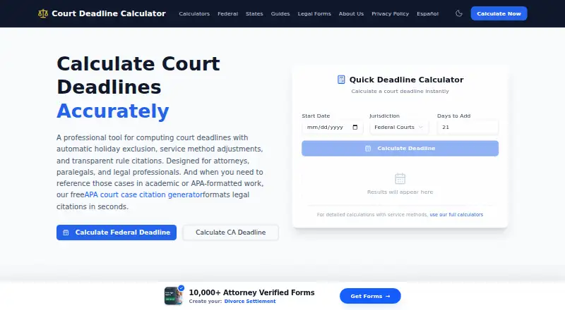 Court Deadline Calculator's website