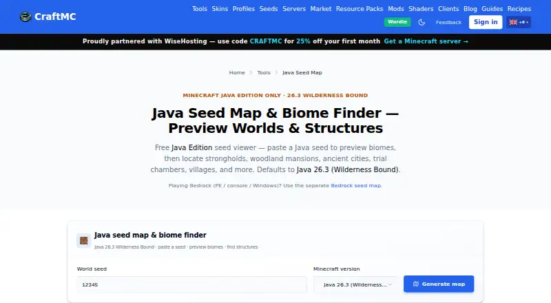 CraftMC Seed Map's website