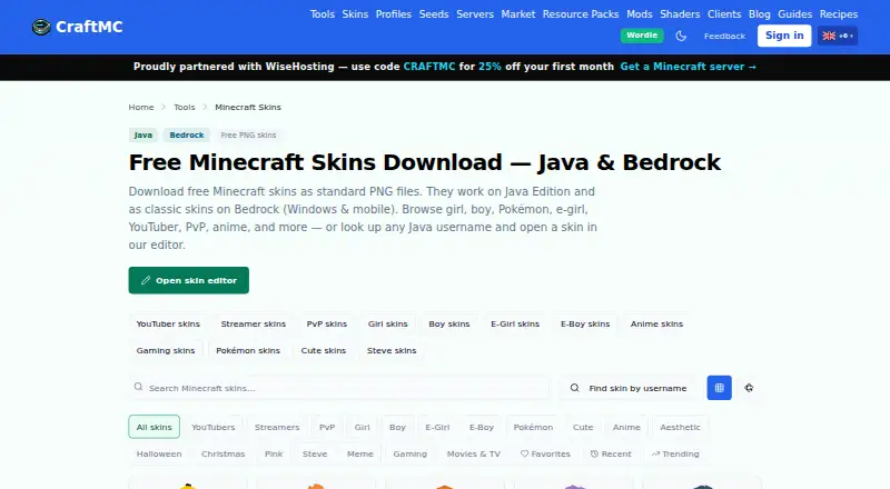 CraftMC Skin Browser's website