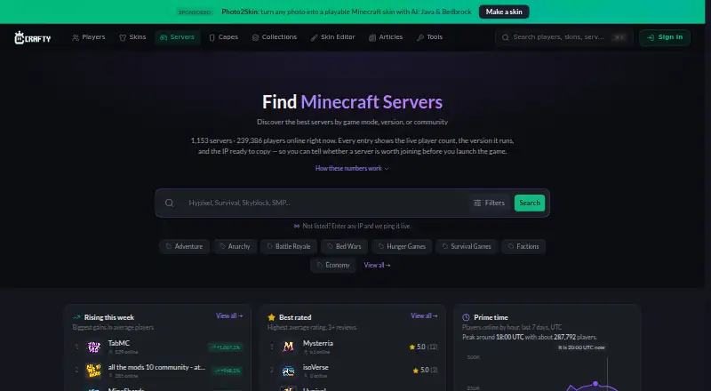 Crafty Minecraft Server List's website