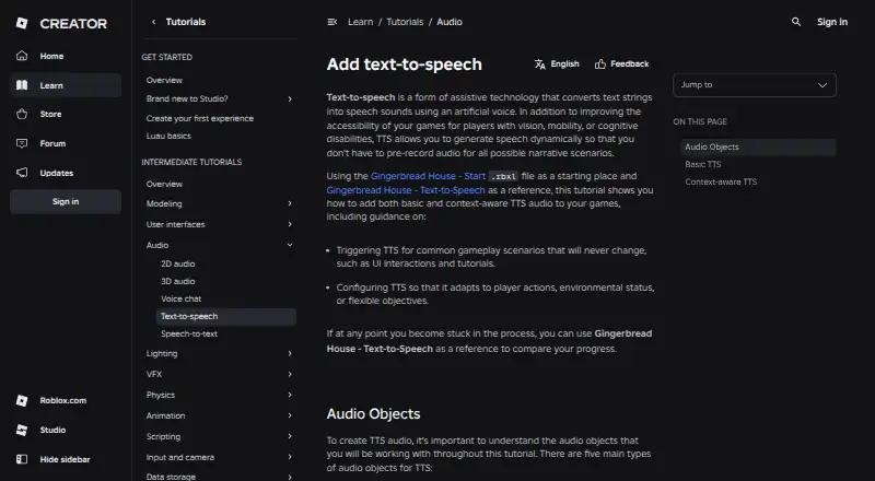 Roblox Text-to-Speech API's website