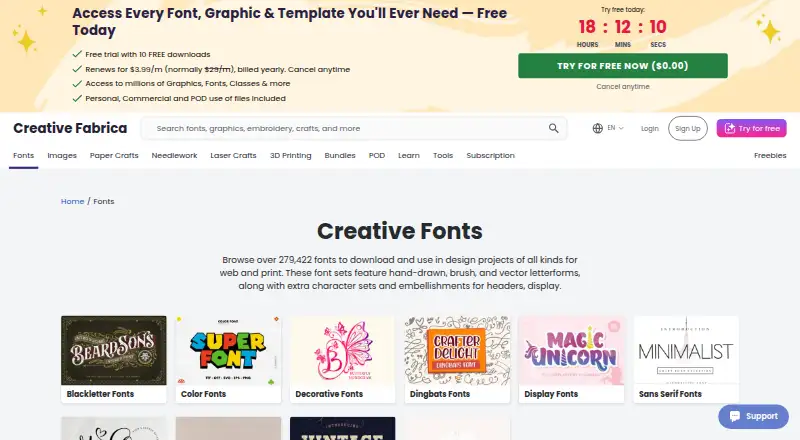 The Creative Fabrica Fonts homepage