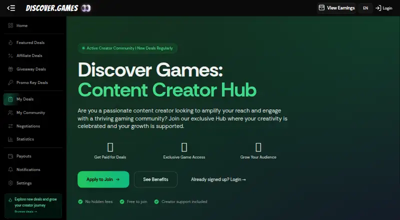 Discover.Games Creator Hub's website