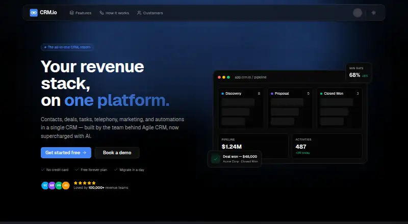 The CRM.io homepage