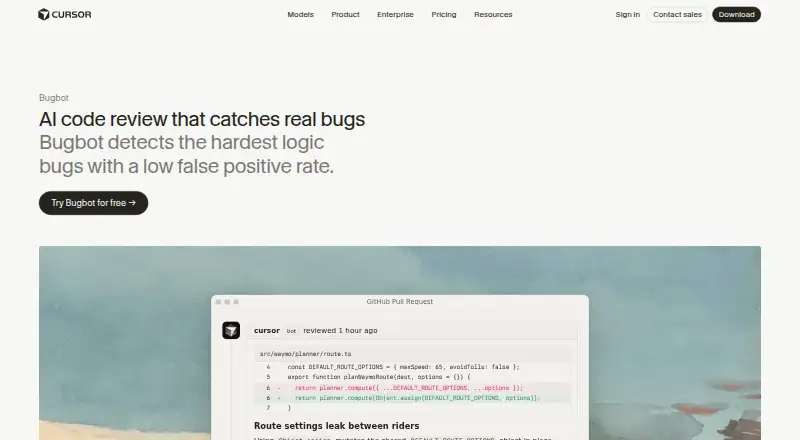 The Cursor Bugbot homepage