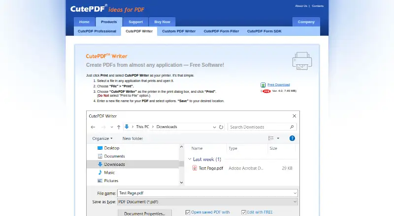 CutePDF Writer's website