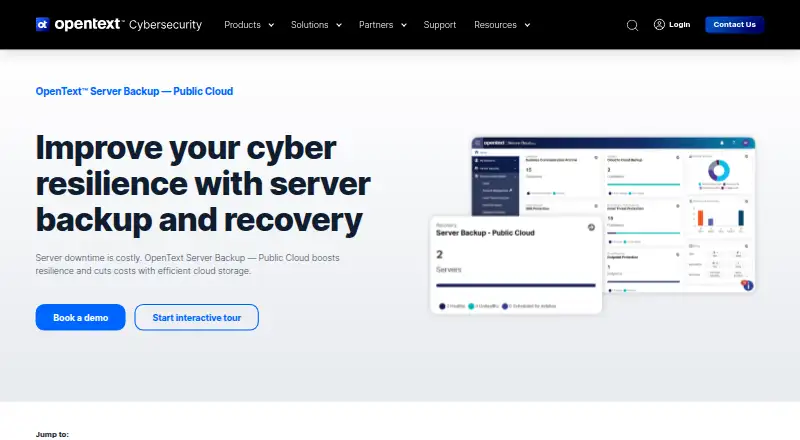 The OpenText Server Backup – Public Cloud homepage