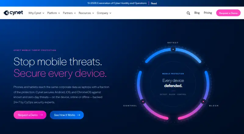 Cynet Mobile Threat Protection's website