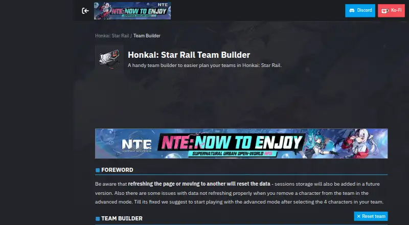 Prydwen Honkai: Star Rail Team Builder's website