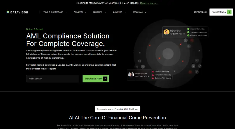 DataVisor AML Transaction Monitoring's website