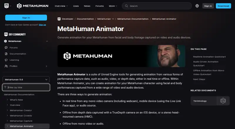 MetaHuman Animator's website