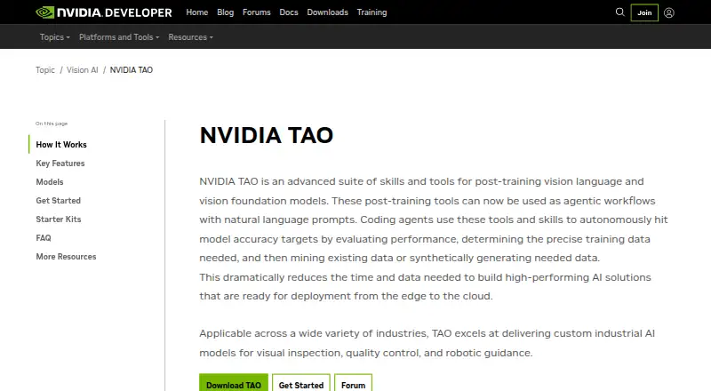 The NVIDIA TAO Toolkit homepage