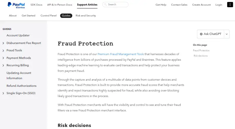 Braintree Fraud Protection's website