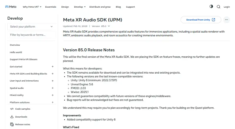 Meta XR Audio SDK's website