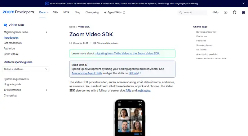 Zoom Video SDK's website
