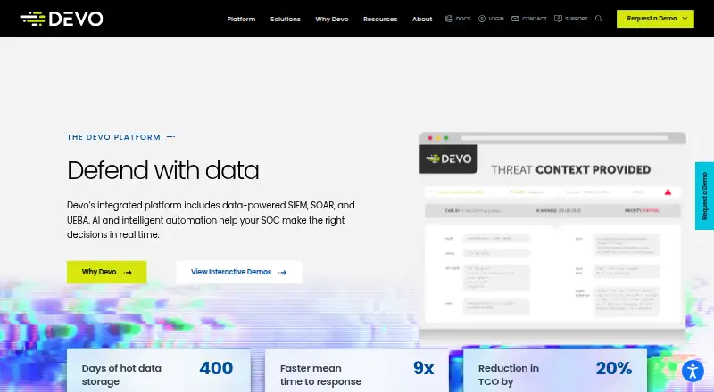 Devo Security Data Platform's website