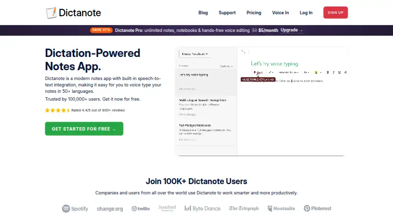 The Dictanote homepage