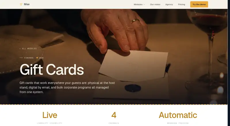 Mise Gift Cards's website